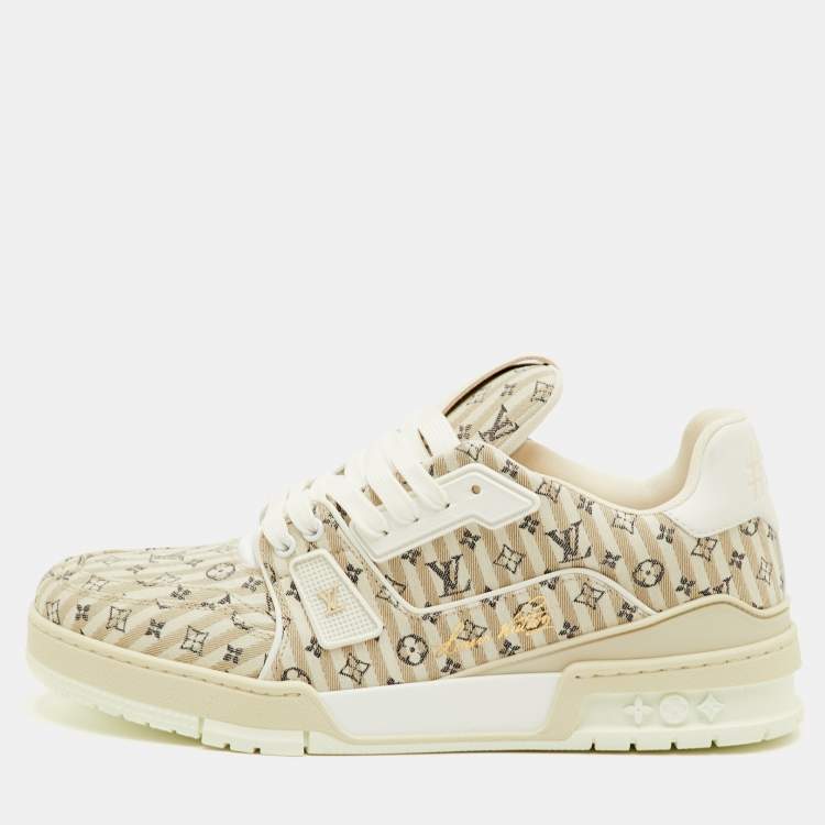 Pre Owned Louis Vuitton LV Trainer Size 41 Beige Stripe Monogram Canvas and Leather Sneakers