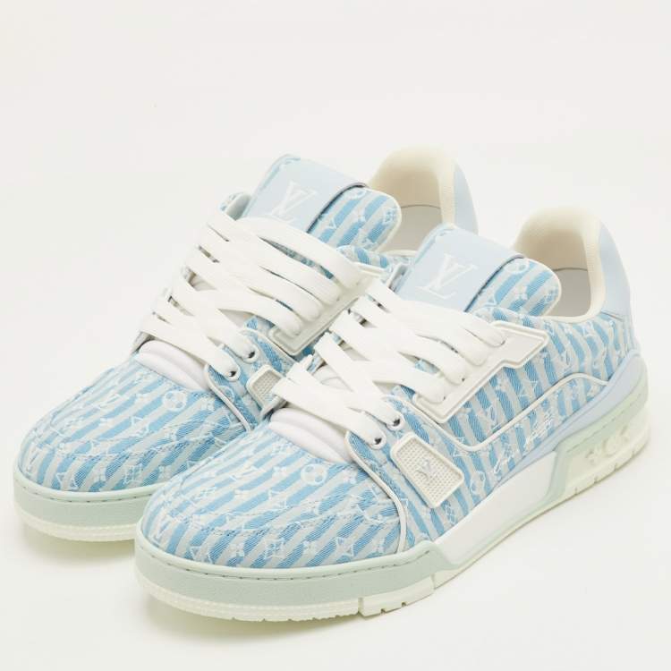 Pre Owned Louis Vuitton LV Trainer Size 41 Blue Stripe Monogram Canvas and Leather Sneakers