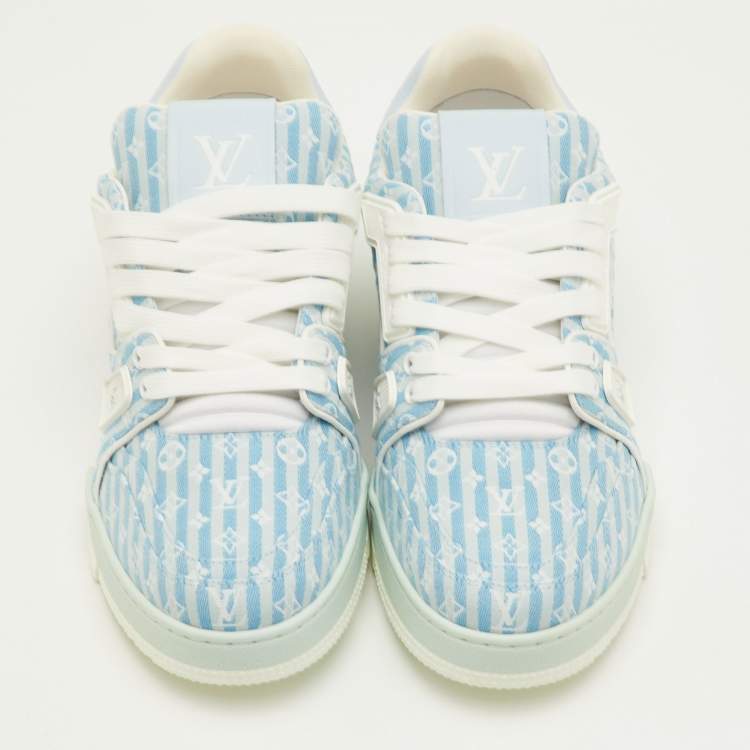 Pre Owned Louis Vuitton LV Trainer Size 41 Blue Stripe Monogram Canvas and Leather Sneakers