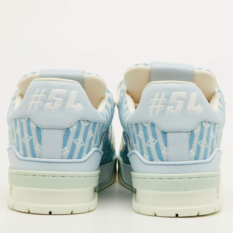 Pre Owned Louis Vuitton LV Trainer Size 41 Blue Stripe Monogram Canvas and Leather Sneakers