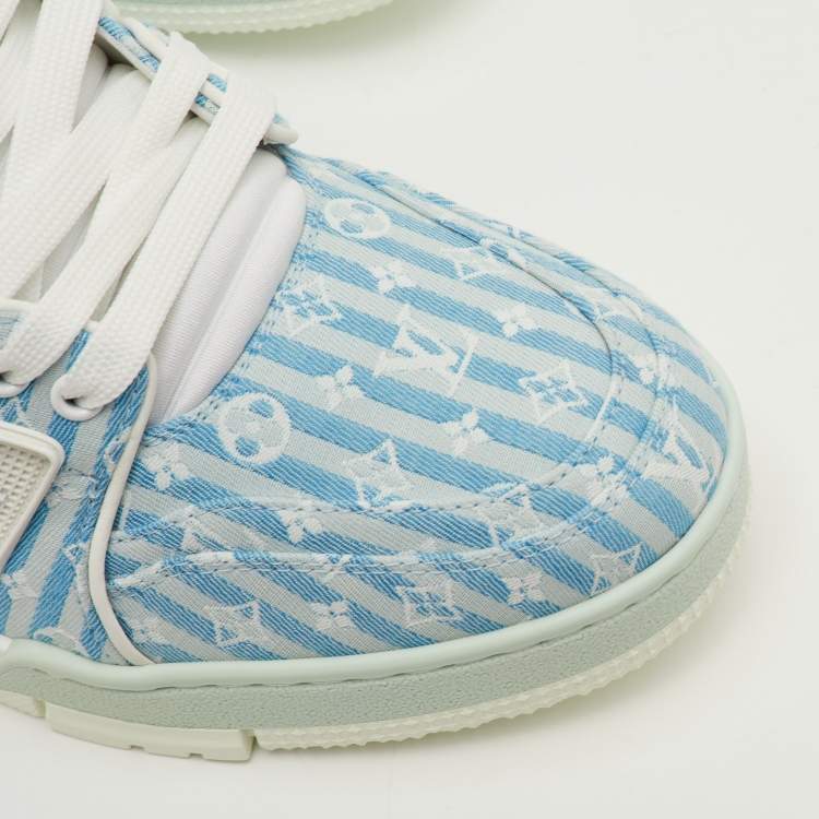 Pre Owned Louis Vuitton LV Trainer Size 41 Blue Stripe Monogram Canvas and Leather Sneakers