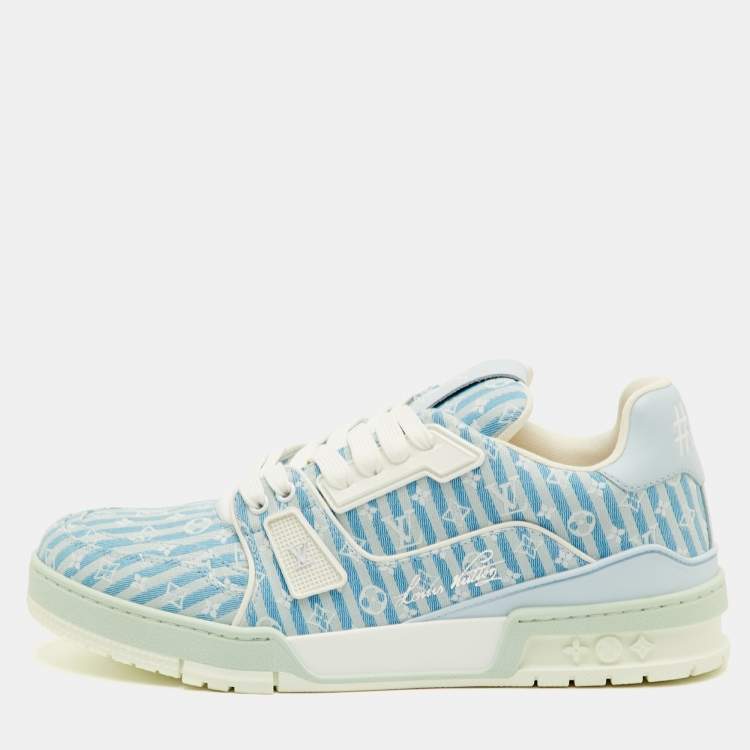 Pre Owned Louis Vuitton LV Trainer Size 41 Blue Stripe Monogram Canvas and Leather Sneakers