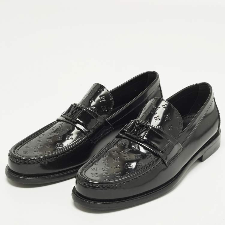Pre Owned Louis Vuitton Major Size 40 Black Monogram Embossed Leather Loafers