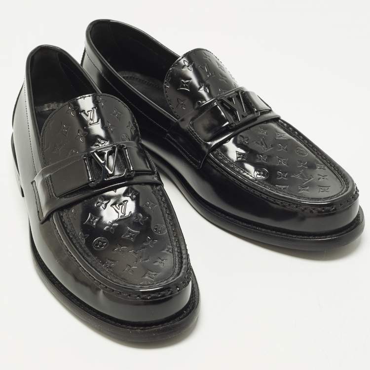 Pre Owned Louis Vuitton Major Size 40 Black Monogram Embossed Leather Loafers