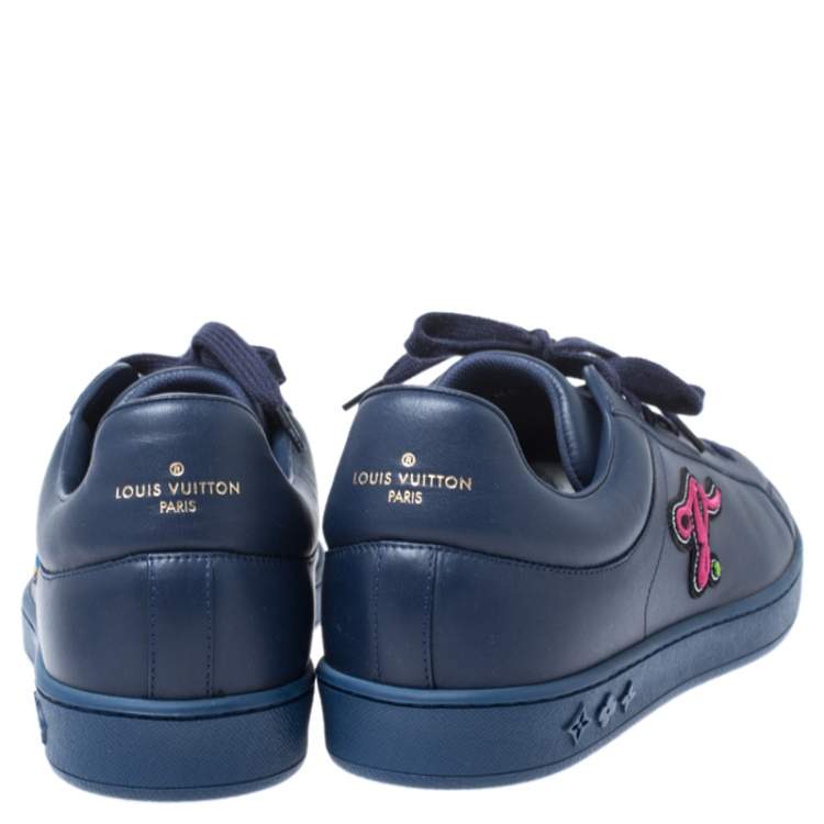 Pre Owned Louis Vuitton Blue Leather Multicolor Logo Applique Lace Up Sneakers Size 40.5