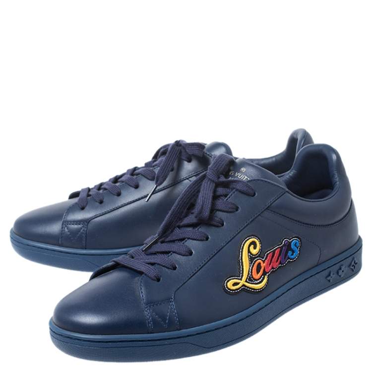 Pre Owned Louis Vuitton Blue Leather Multicolor Logo Applique Lace Up Sneakers Size 40.5