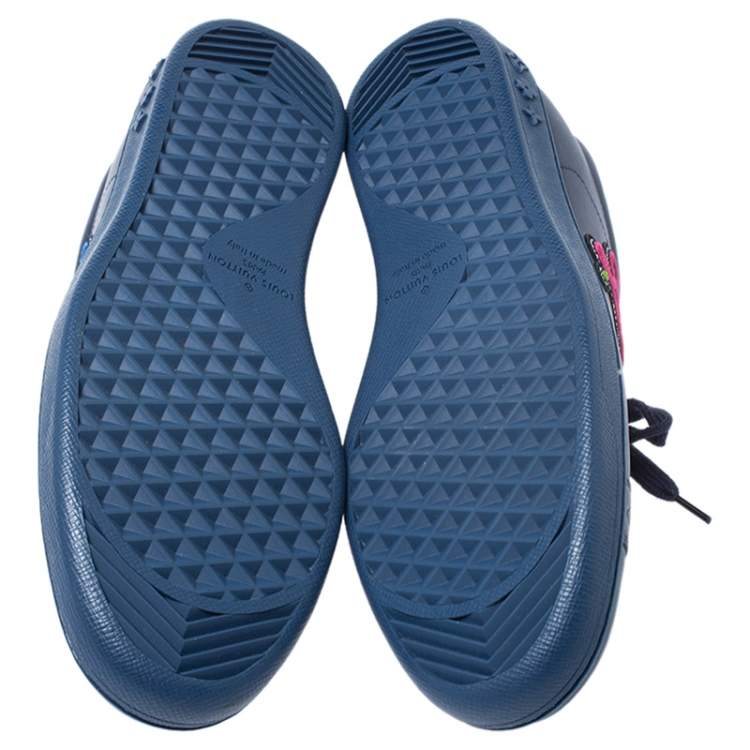 Pre Owned Louis Vuitton Blue Leather Multicolor Logo Applique Lace Up Sneakers Size 40.5