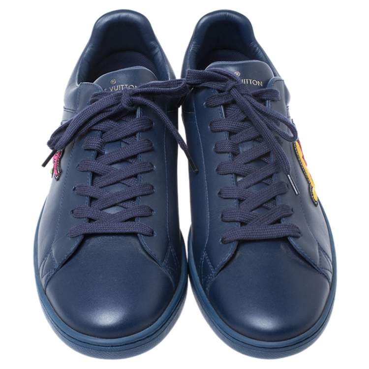 Pre Owned Louis Vuitton Blue Leather Multicolor Logo Applique Lace Up Sneakers Size 40.5