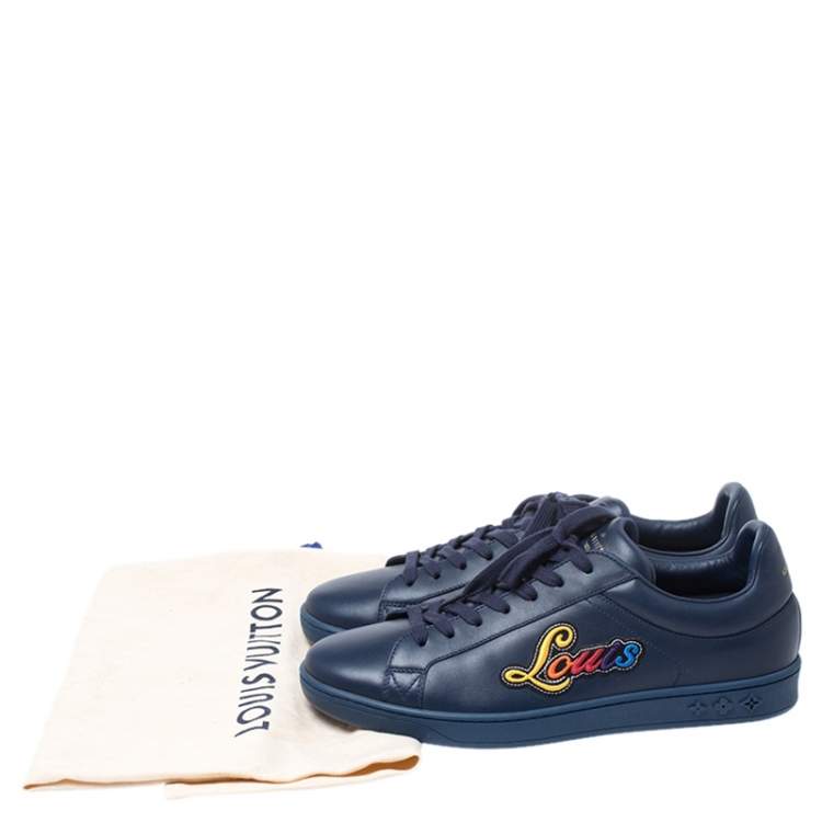 Pre Owned Louis Vuitton Blue Leather Multicolor Logo Applique Lace Up Sneakers Size 40.5