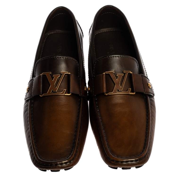 Pre Owned Louis Vuitton Dark Brown Leather Montaigne Moccasins Size 43.5