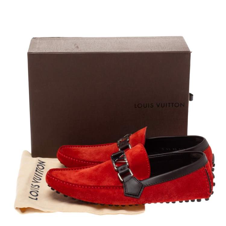 Pre Owned Louis Vuitton Red Suede Leather Oxford Slip On Loafers Size 39.5