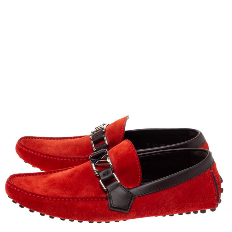 Pre Owned Louis Vuitton Red Suede Leather Oxford Slip On Loafers Size 39.5