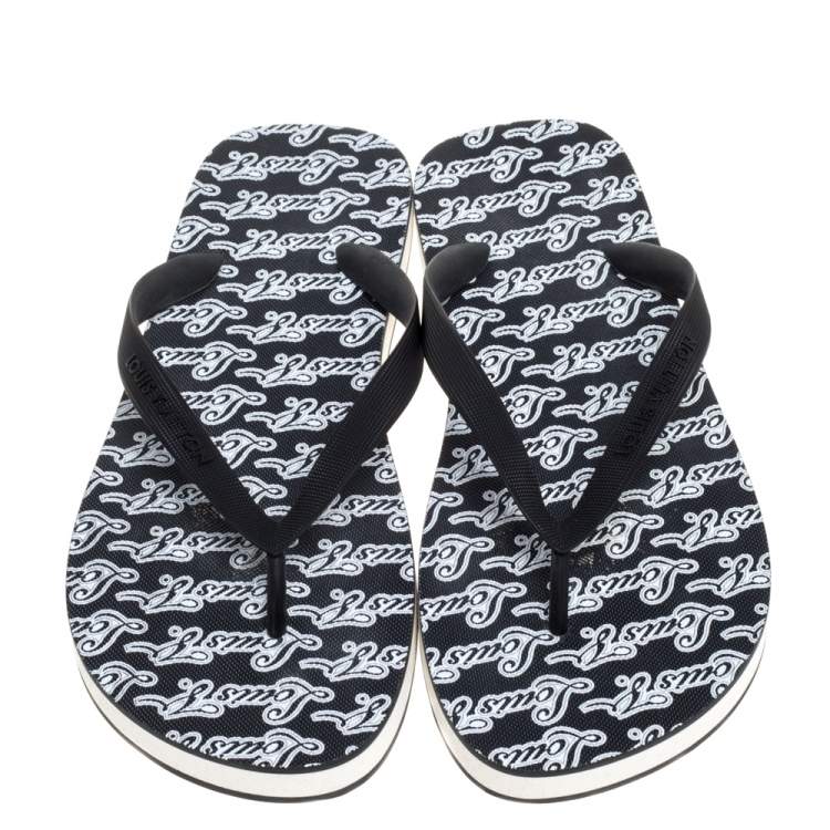 Pre Owned Louis Vuitton Monochrome Logo Print Rubber Molitor Thong Flip Flops Size 43.5