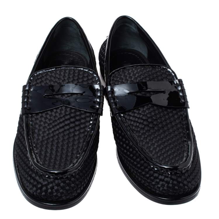 Pre Owned Louis Vuitton Black Patent Leather And Woven Satin Penny Slip On Loafers Size 41.5
