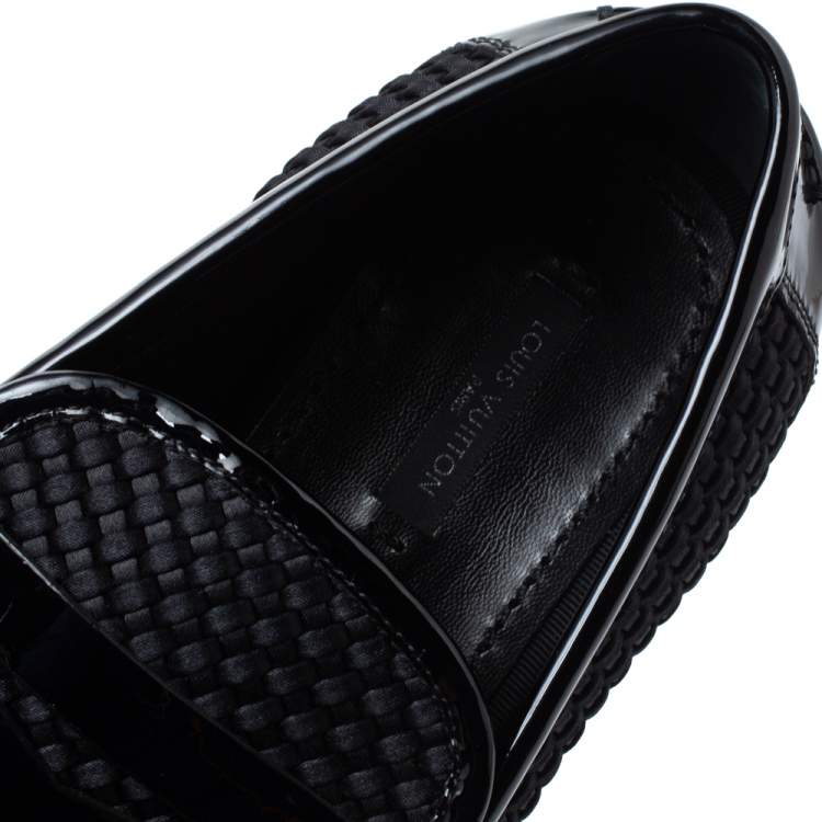 Pre Owned Louis Vuitton Black Patent Leather And Woven Satin Penny Slip On Loafers Size 41.5