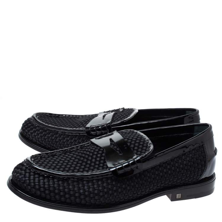 Pre Owned Louis Vuitton Black Patent Leather And Woven Satin Penny Slip On Loafers Size 41.5