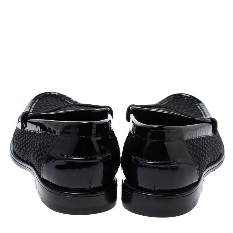 Pre Owned Louis Vuitton Black Patent Leather And Woven Satin Penny Slip On Loafers Size 41.5