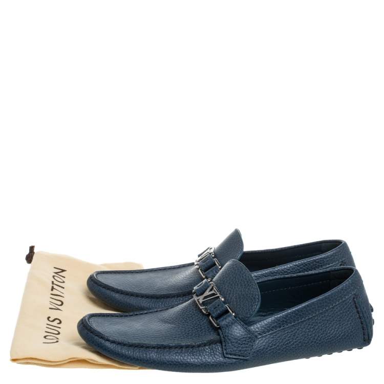 Pre Owned Louis Vuitton Blue Grained Leather Major Logo Slip On Loafers Size 41.5