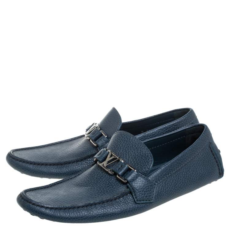 Pre Owned Louis Vuitton Blue Grained Leather Major Logo Slip On Loafers Size 41.5