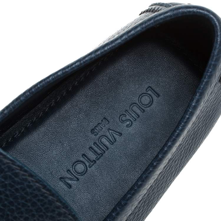 Pre Owned Louis Vuitton Blue Grained Leather Major Logo Slip On Loafers Size 41.5