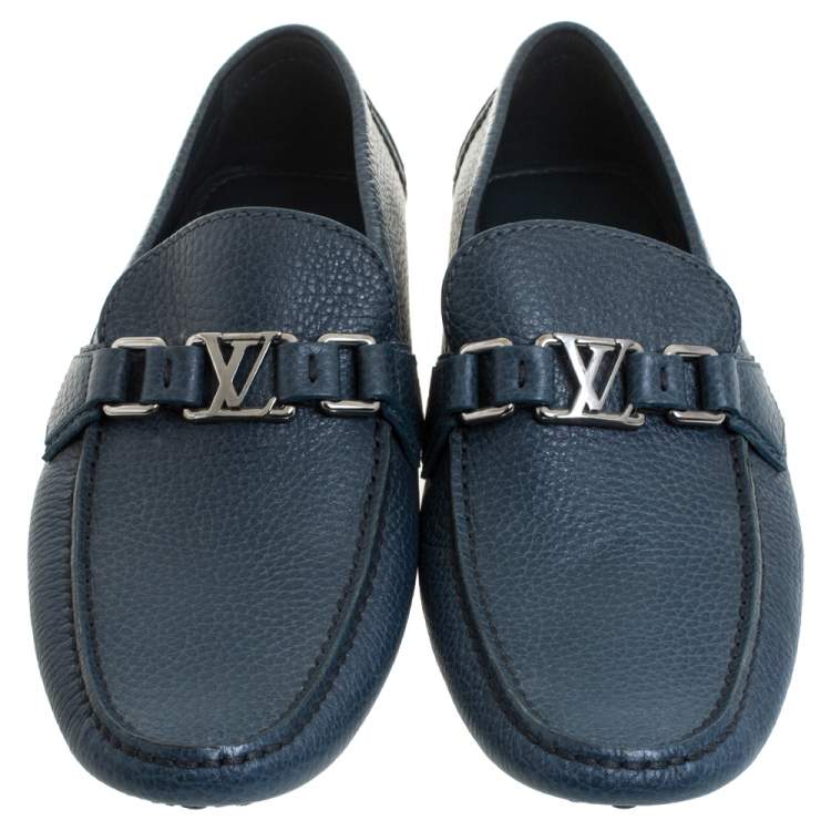 Pre Owned Louis Vuitton Blue Grained Leather Major Logo Slip On Loafers Size 41.5