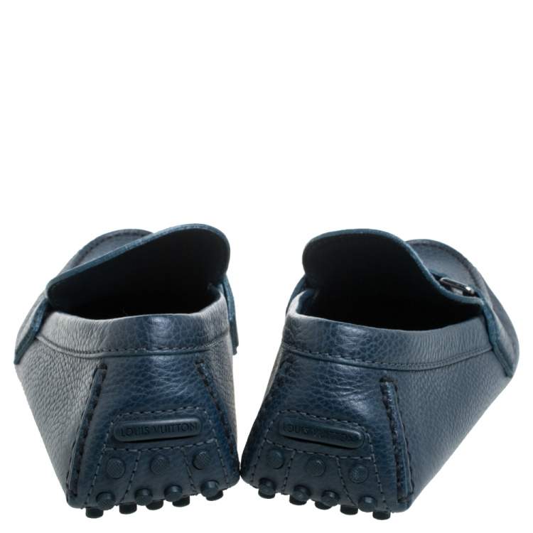 Pre Owned Louis Vuitton Blue Grained Leather Major Logo Slip On Loafers Size 41.5