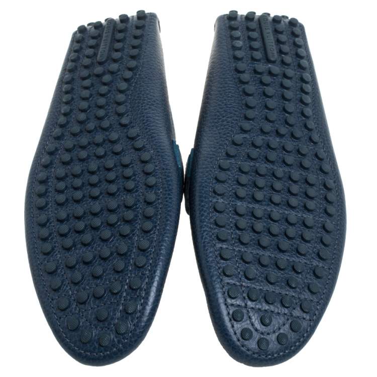 Pre Owned Louis Vuitton Blue Grained Leather Major Logo Slip On Loafers Size 41.5