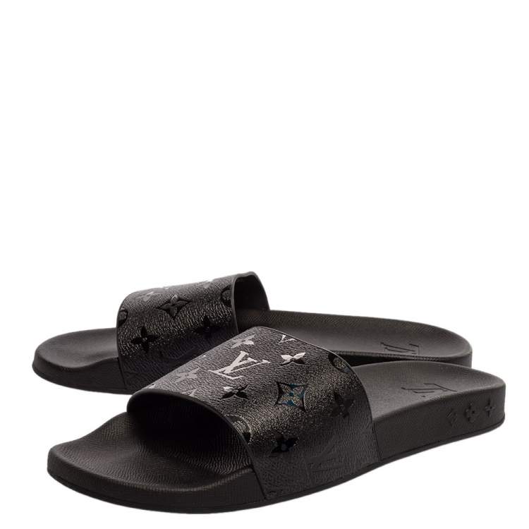 Pre Owned Louis Vuitton Black Rubber Monogram Waterfront Slide Sandals Size 42