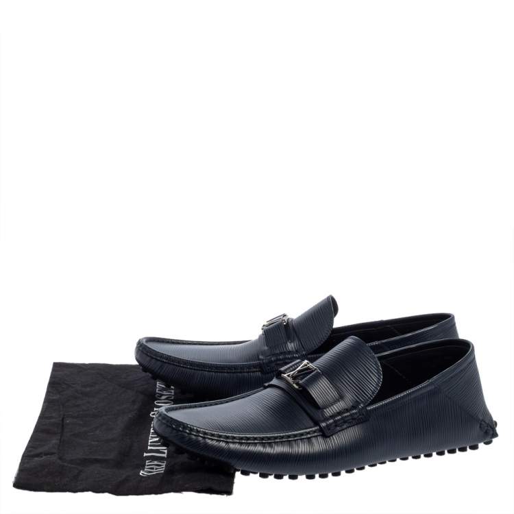 Pre Owned Louis Vuitton Blue Textured Leather Hockenheim Loafers Size 43