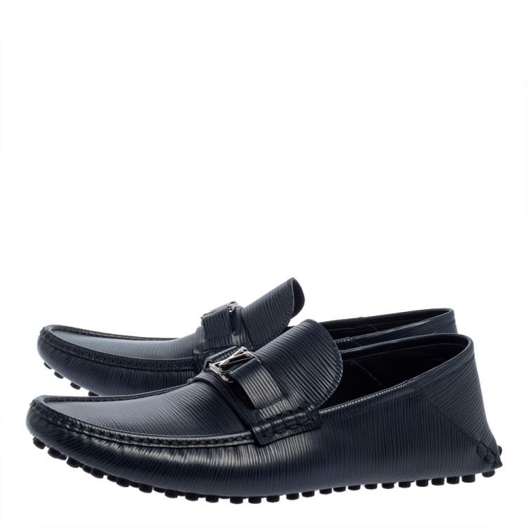 Pre Owned Louis Vuitton Blue Textured Leather Hockenheim Loafers Size 43