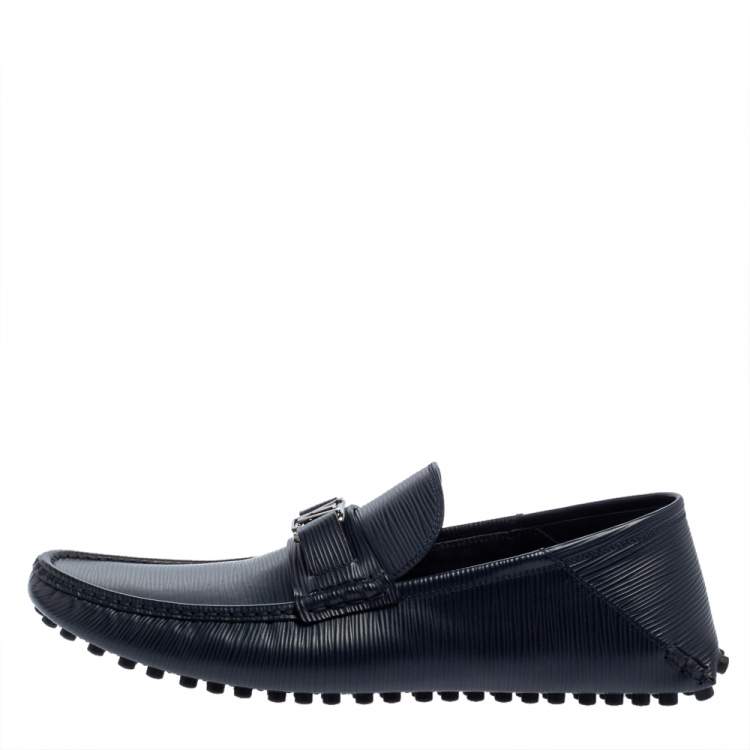 Pre Owned Louis Vuitton Blue Textured Leather Hockenheim Loafers Size 43