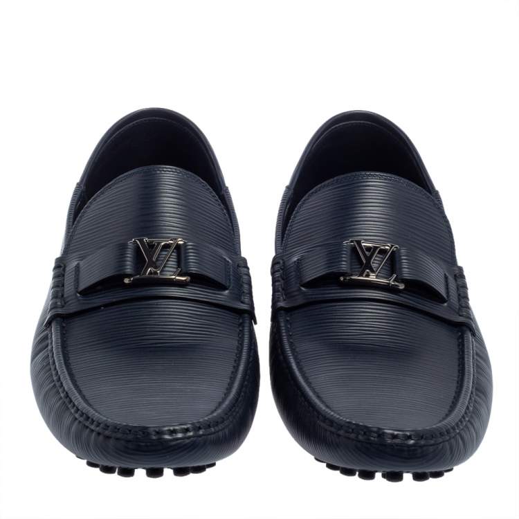Pre Owned Louis Vuitton Blue Textured Leather Hockenheim Loafers Size 43