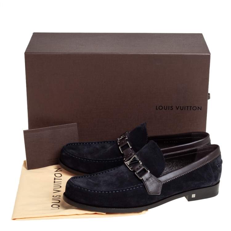 Pre Owned Louis Vuitton Navy Blue/Brown Suede And Leather Major Slip On Loafers Size 42