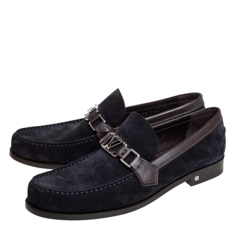 Pre Owned Louis Vuitton Navy Blue/Brown Suede And Leather Major Slip On Loafers Size 42