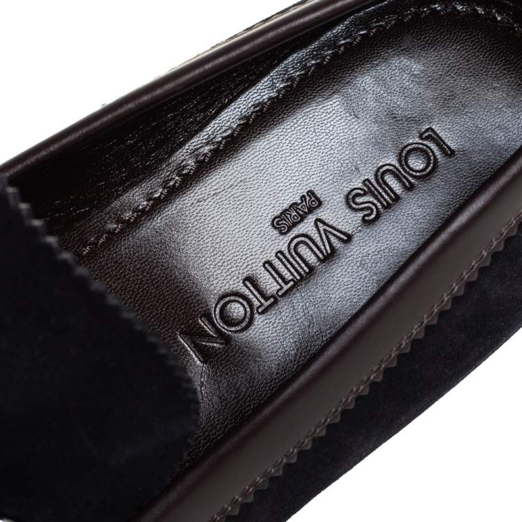 Pre Owned Louis Vuitton Navy Blue/Brown Suede And Leather Major Slip On Loafers Size 42