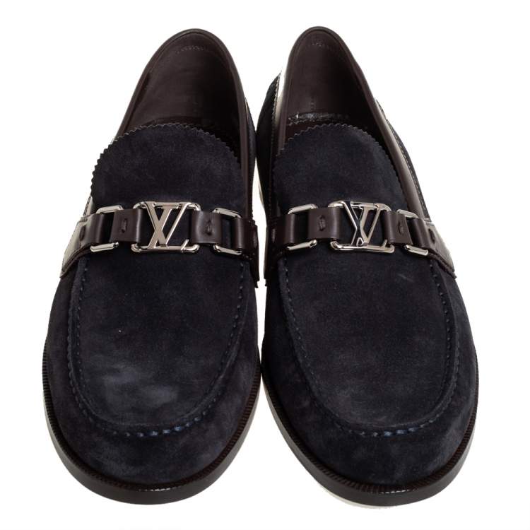Pre Owned Louis Vuitton Navy Blue/Brown Suede And Leather Major Slip On Loafers Size 42