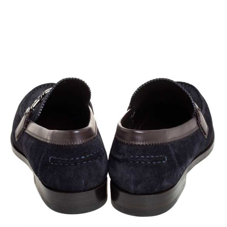 Pre Owned Louis Vuitton Navy Blue/Brown Suede And Leather Major Slip On Loafers Size 42