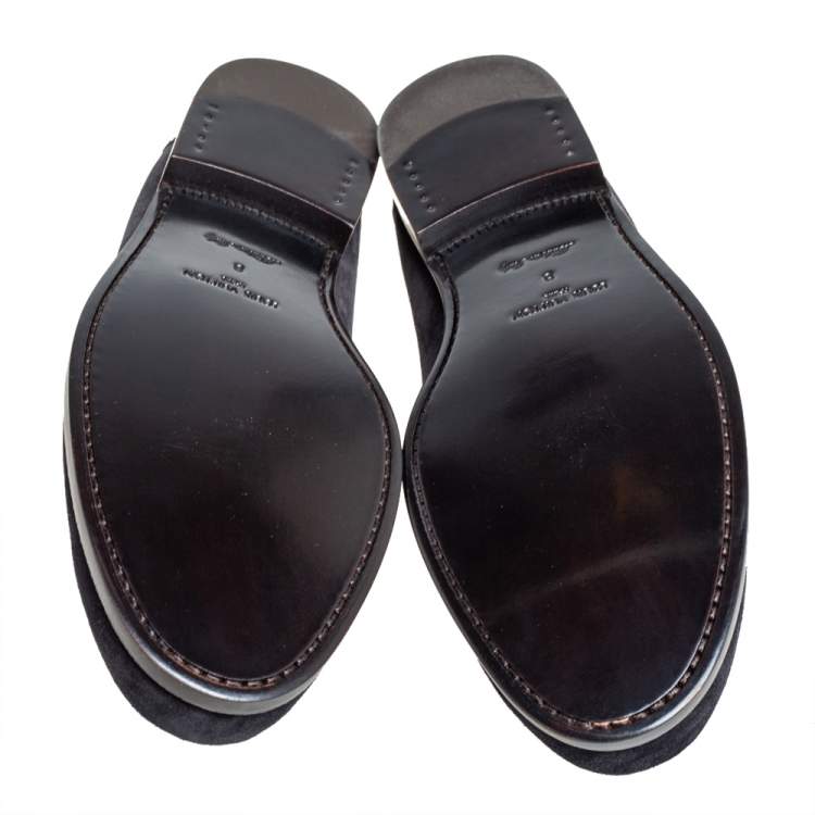 Pre Owned Louis Vuitton Navy Blue/Brown Suede And Leather Major Slip On Loafers Size 42
