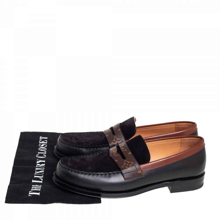 Pre Owned Louis Vuitto Black/Brown Monogram Canvas And Suede Sorbonne Loafers Size 42