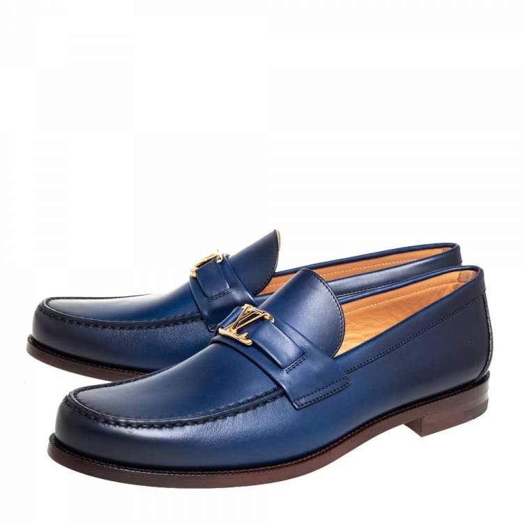 Pre Owned Louis Vuitton Blue Leather Major Slip On Loafers Size 43.5