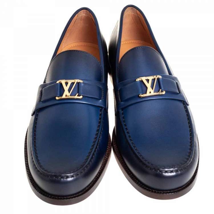Pre Owned Louis Vuitton Blue Leather Major Slip On Loafers Size 43.5