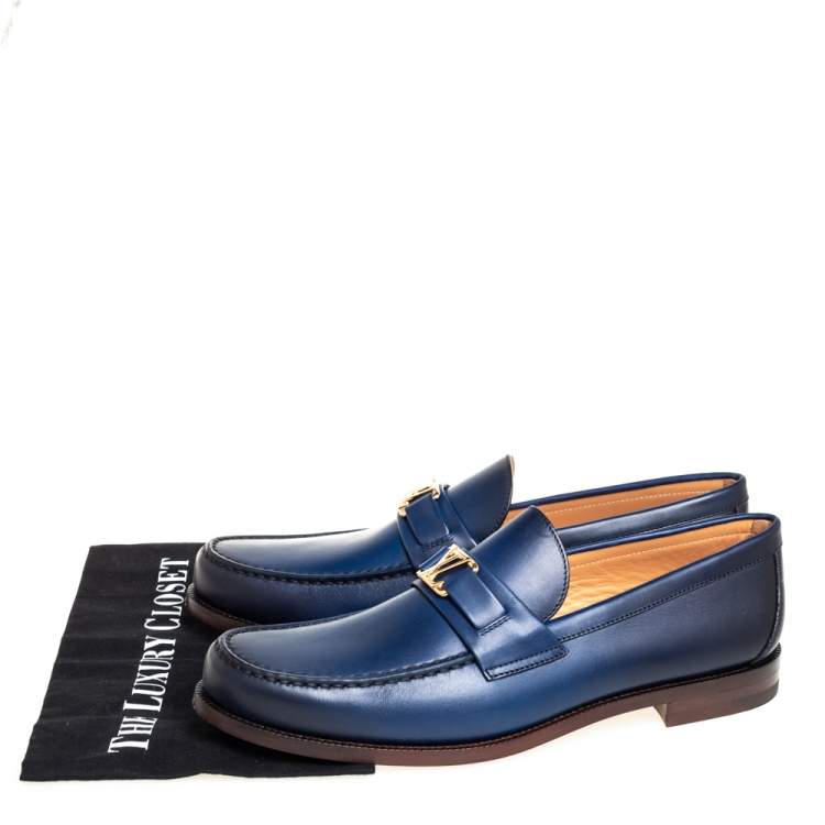 Pre Owned Louis Vuitton Blue Leather Major Slip On Loafers Size 43.5