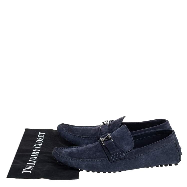 Pre Owned Louis Vuitton Navy Blue Suede Hockenheim Slip On Loafers Size 43.5