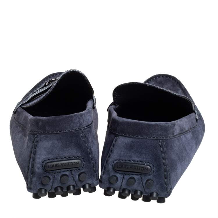 Pre Owned Louis Vuitton Navy Blue Suede Hockenheim Slip On Loafers Size 43.5