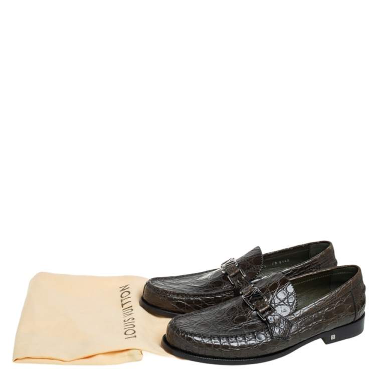Pre Owned Louis Vuitton Green Croc Leather Hockenheim Slip On Loafers Size 41.5