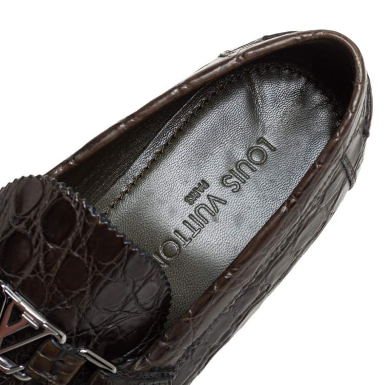 Pre Owned Louis Vuitton Green Croc Leather Hockenheim Slip On Loafers Size 41.5