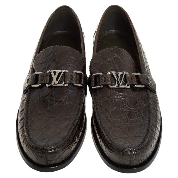 Pre Owned Louis Vuitton Green Croc Leather Hockenheim Slip On Loafers Size 41.5