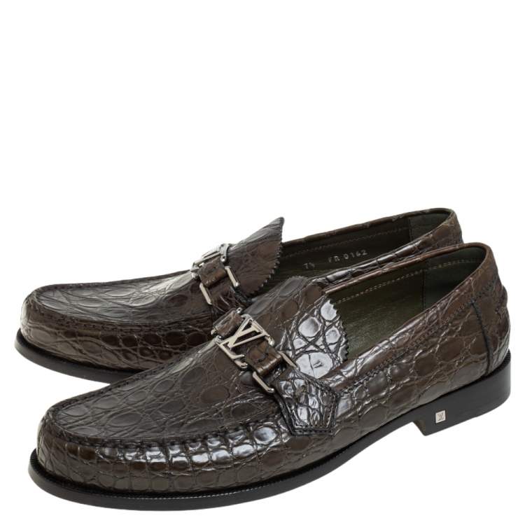 Pre Owned Louis Vuitton Green Croc Leather Hockenheim Slip On Loafers Size 41.5