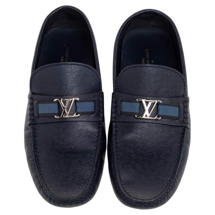 Pre Owned Louis Vuitton Navy Blue Leather Hockenheim Slip On Loafers Size 42