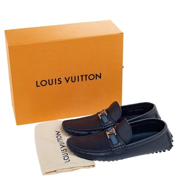 Pre Owned Louis Vuitton Navy Blue Leather Hockenheim Slip On Loafers Size 42
